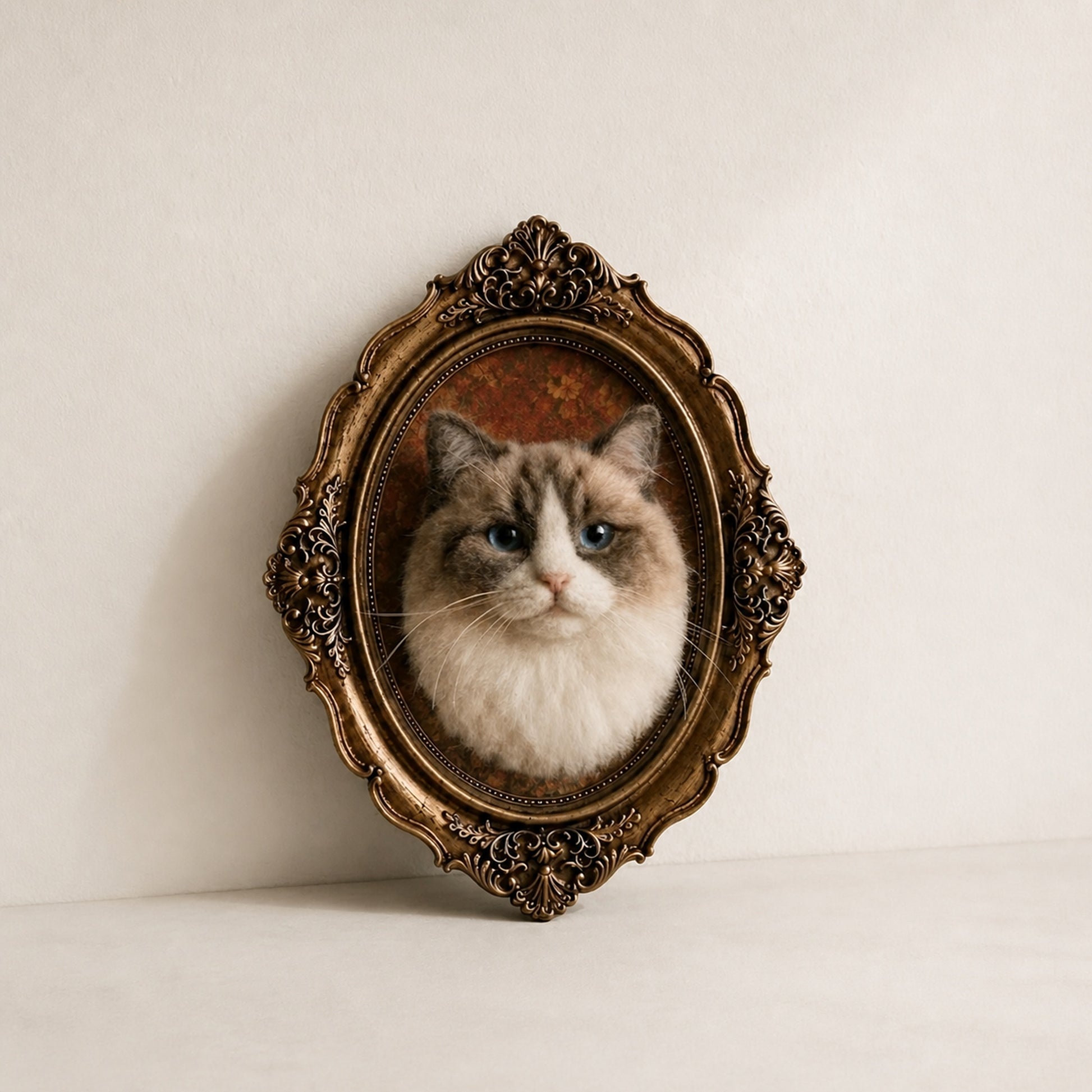 Handmade wool felt cat portrait in ornate oval frame