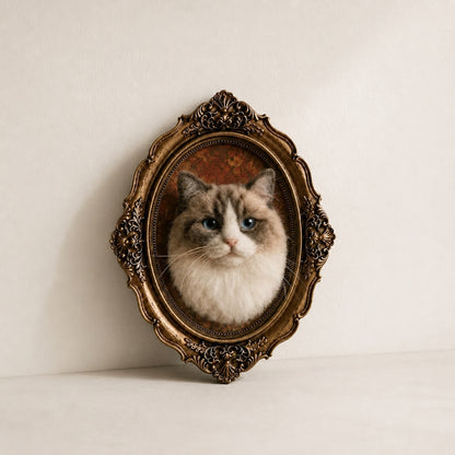 Handmade wool felt cat portrait in ornate oval frame