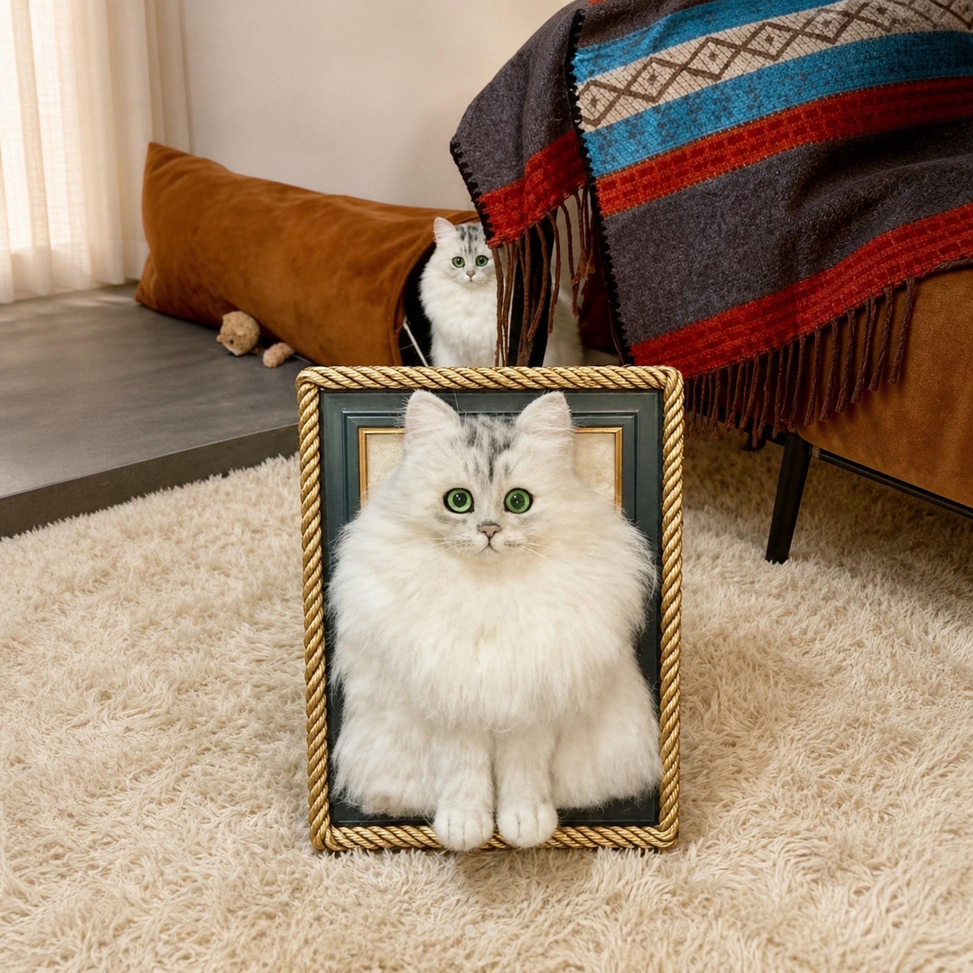 Personalized framed white cat wool portrait