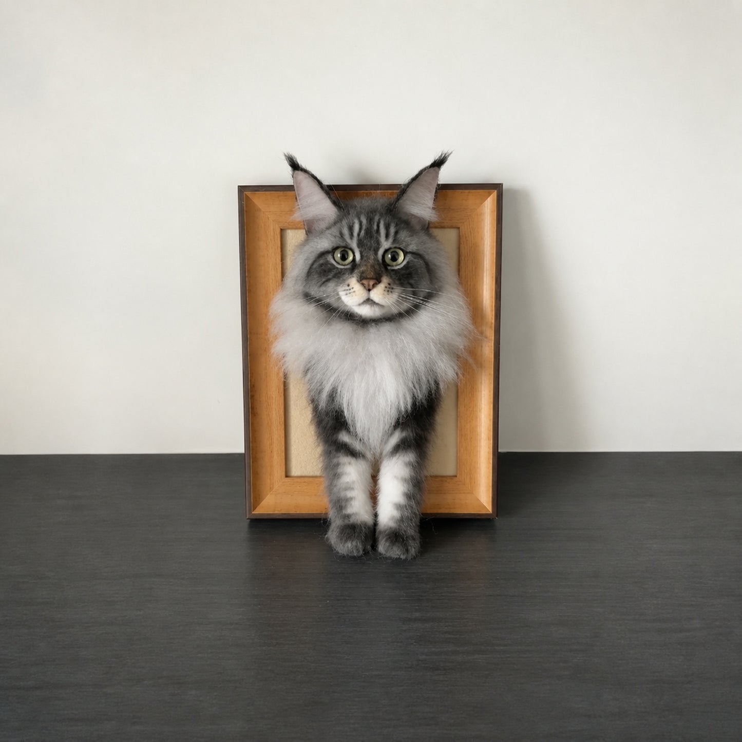 Custom framed Maine Coon needle-felt portrait