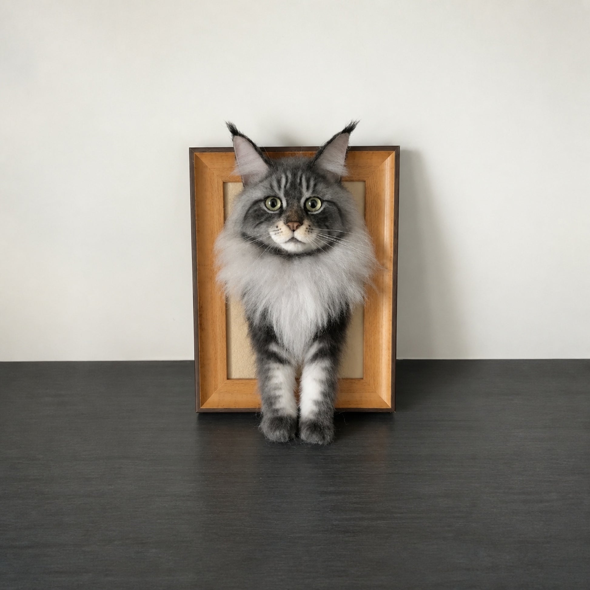 Custom framed Maine Coon needle-felt portrait