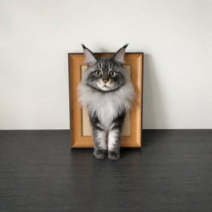 Custom framed Maine Coon needle-felt portrait