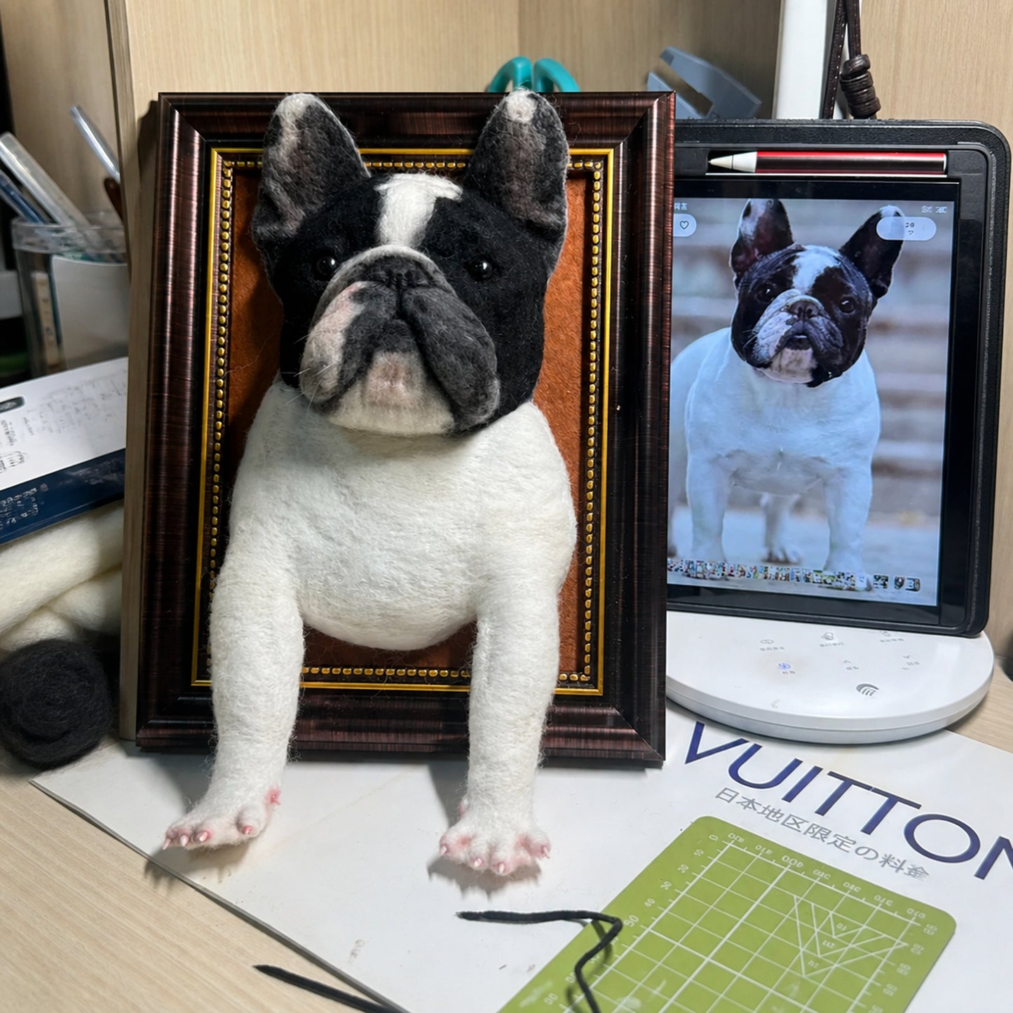Custom needle-felt framed French Bulldog portrait by Feltmigo
