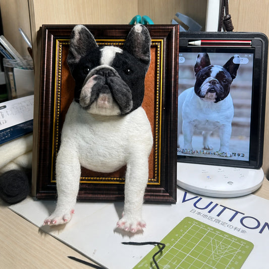 Custom needle-felt framed French Bulldog portrait by Feltmigo