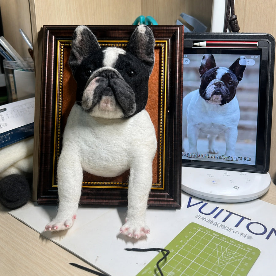 Custom framed dog wool portrait