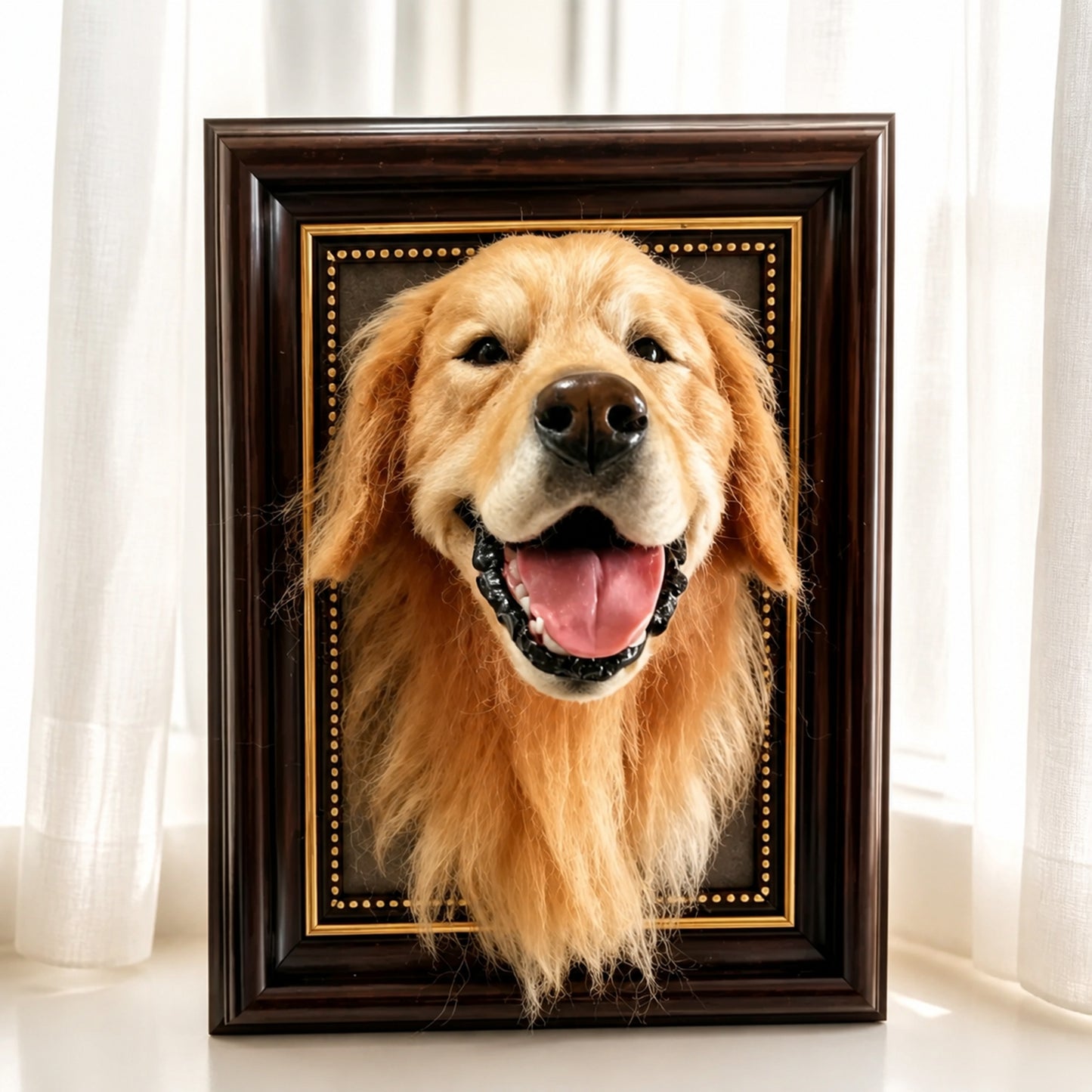 Close-up custom framed Golden Retriever needle-felt portrait