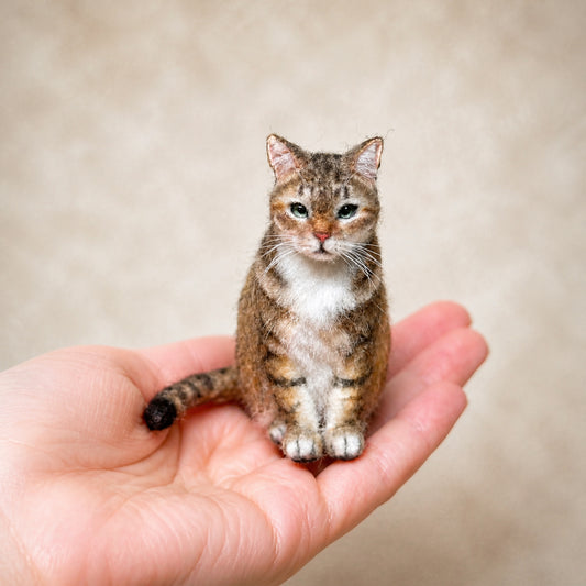 Handmade tabby cat mini full body wool felt figurine on a palm