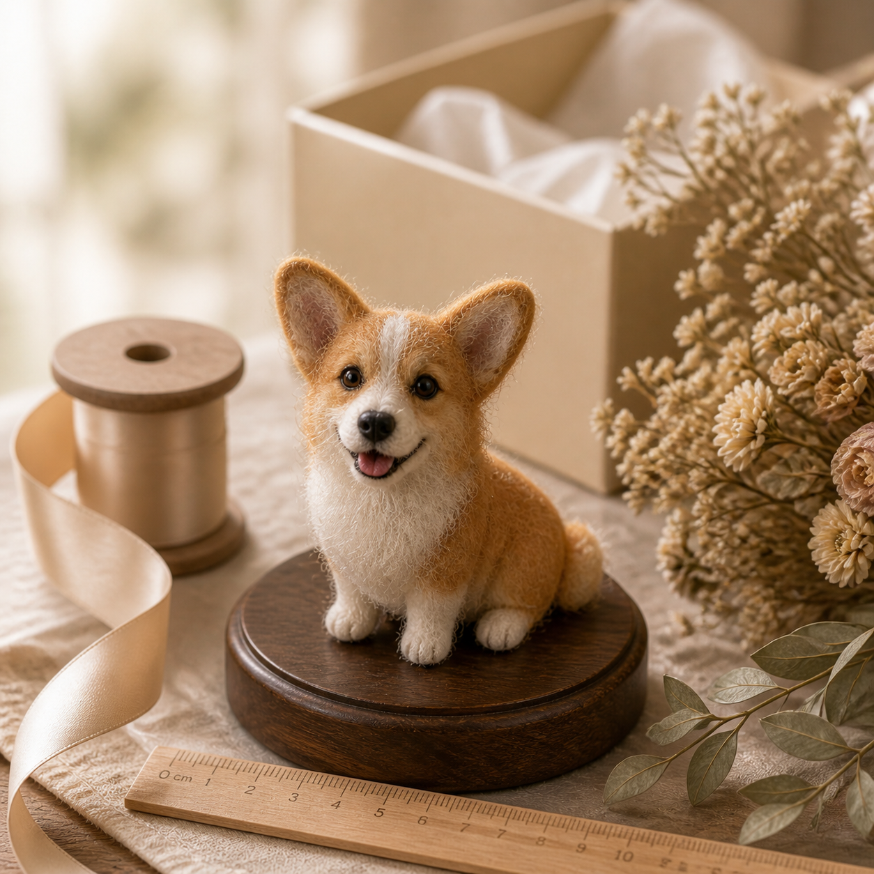 Custom wool felt miniature pet figurine displayed indoors