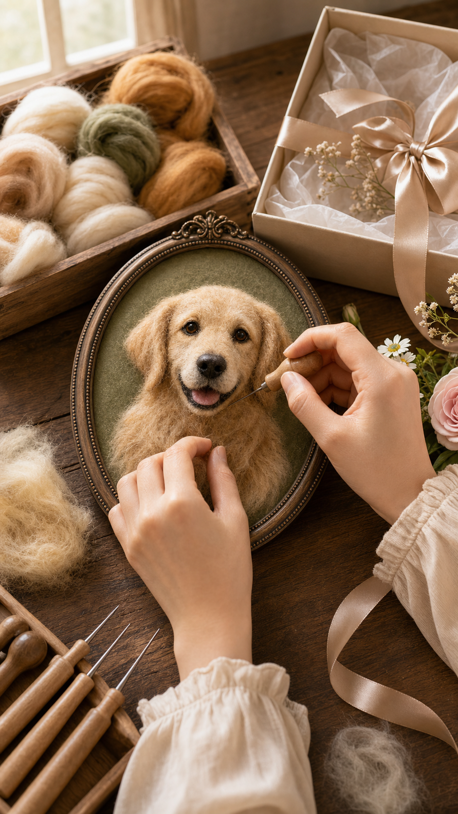 A Feltmigo artist shaping a custom wool felt pet keepsake