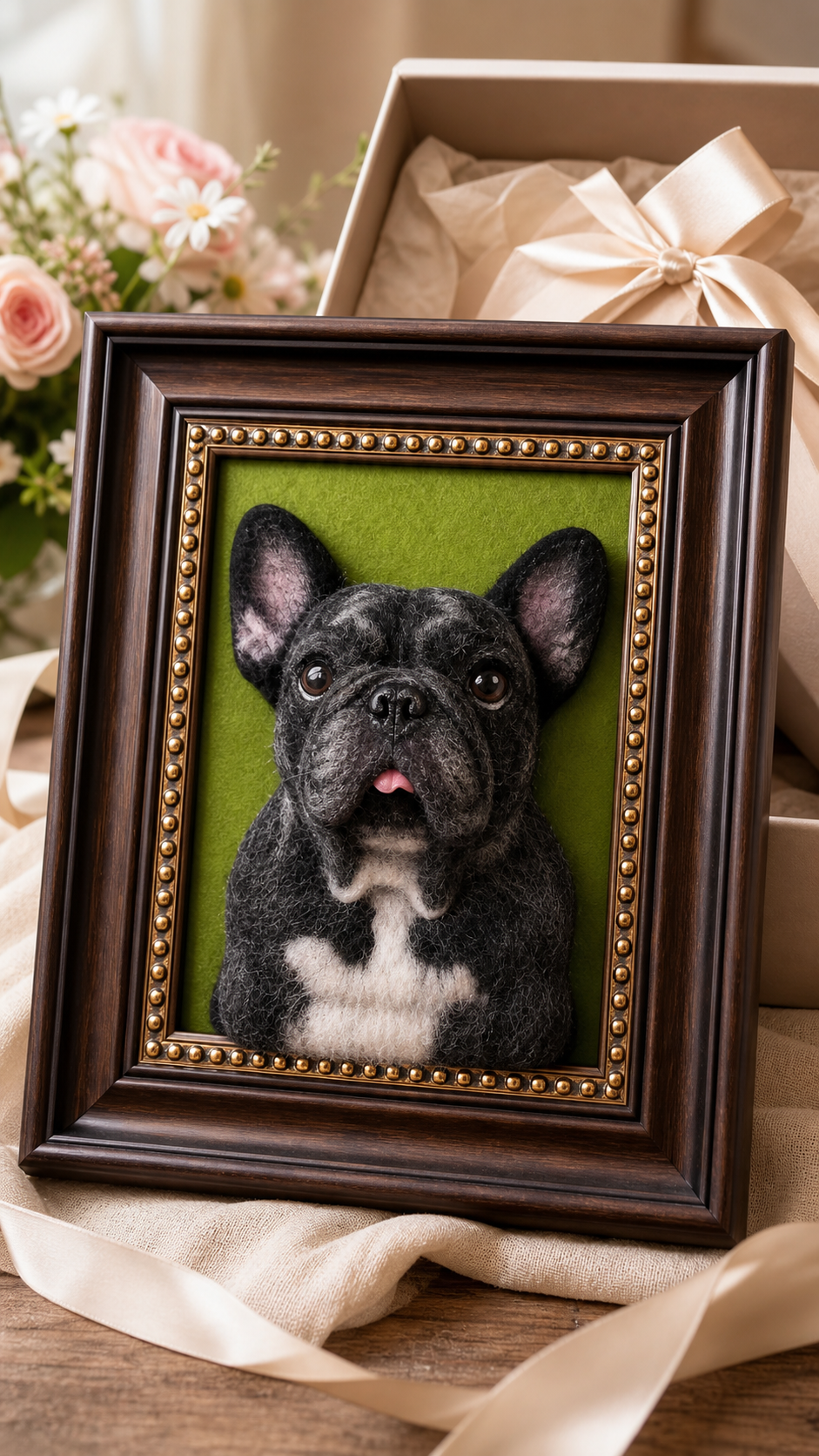 Clear front-facing pet reference used for a custom Feltmigo sculpture