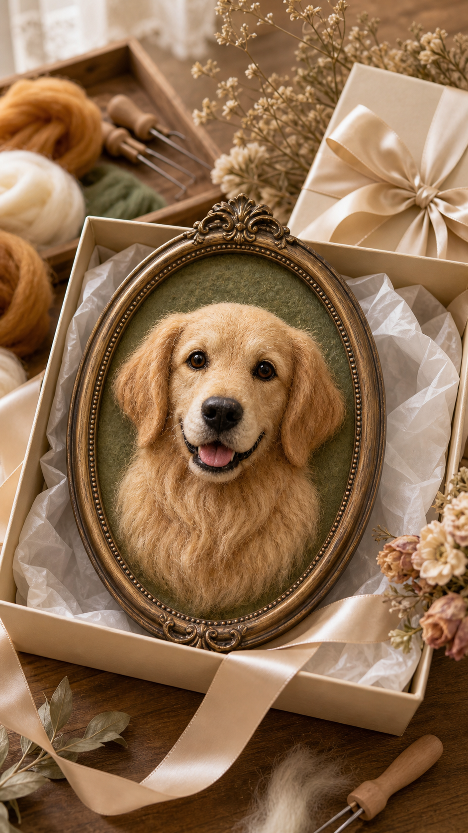 Detailed custom wool felt golden retriever sculpture by Feltmigo